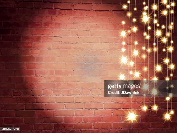 horizontal old fashioned brick wall with elegant string lights background - comedy club stock illustrations