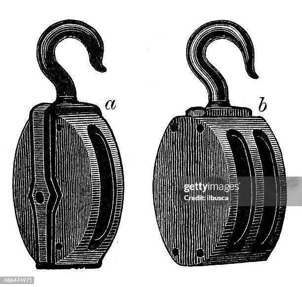 antique illustration of single and double block with swivel hook - doubles stock illustrations