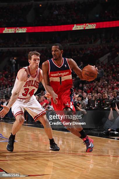 Trevor Ariza of the Washington Wizards dribbles the ball in Game 2 of the Eastern Conference Quarterfinals against the Chicago Bulls on April 22,...
