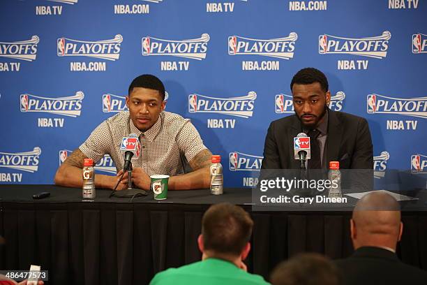 Bradley Beal and John Wall of the Washington Wizards addresses the media following Game 2 of the Eastern Conference Quarterfinals against the Chicago...