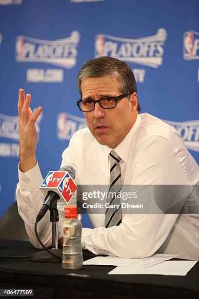 Randy Wittman of the Washington Wizards addresses the media after Game 2 of the Eastern Conference Quarterfinals against the Chicago Bulls on April...