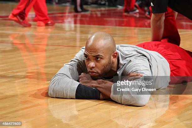 Taj Gibson of the Chicago Bulls stretches prior to the start of Game 2 of the Eastern Conference Quarterfinals against the Washington Wizards on...