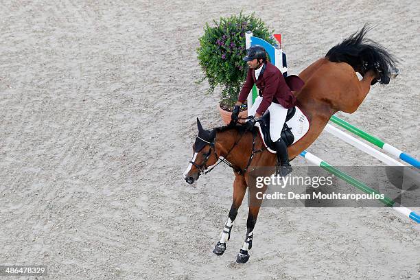 Ali Yousef Al Rumaihi of Qatar on Ravenna 323 competes in the CSI5* Table A with one jump-off against the clock during day one of the Longines Global...