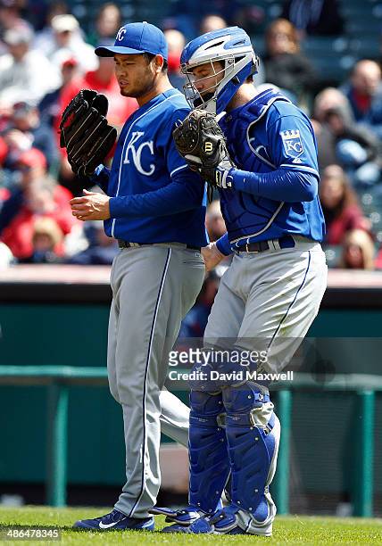 Catcher Brett Hayes of the Kansas City Royals talks with pitcher Bruce Chen during the fifth inning of their game against the Cleveland Indians on...