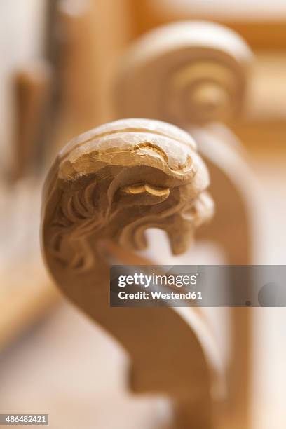 scroll of a violin in a violin maker's workshop - violin scroll stock pictures, royalty-free photos & images