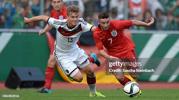 Maximilian Mittelstaedt of Germany vies with Patrick Roberts of England during the U19 international friendly match between Germany and England on...