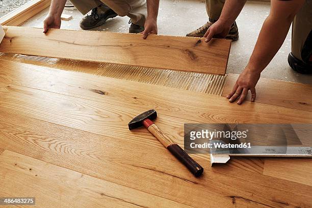 two men laying finished parquet flooring, close-up - handy in der hand foto e immagini stock