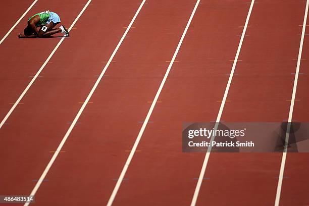 Ayanleh Souleiman of Djibouti fails to finish the Men's 1500 metres heats during day six of the 15th IAAF World Athletics Championships Beijing 2015...