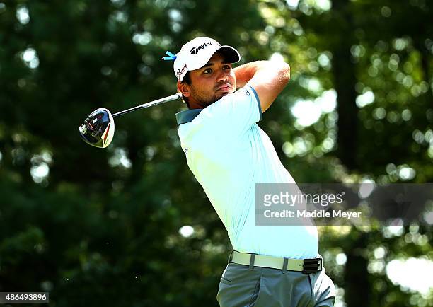 Jason Day of Australia watches his tee shot on the nineth hole during round one of the Deutsche Bank Championship at TPC Boston on September 4, 2015...