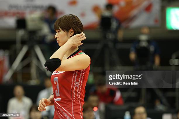 Saori Kimura of Japan looks on in the match between Japan and Algeria during the FIVB Women's Volleyball World Cup Japan 2015 at Nippon Gaishi Hall...