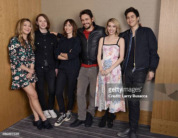 Actors Zoe Levin, Jack Kilmer, director Gia Coppola, actors James Franco, Emma Roberts, and Nat Wolff pose for the "Palo Alto" cast portrait during...