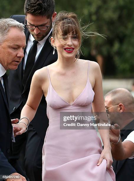 Dakota Johnson is seen arriving for the 'Black Mass' Premiere on day 3 of the 72nd Venice Film Festival on September 4, 2015 in Venice, Italy.