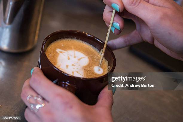 Barista makes a "cat'achino" at the pop-up shop "Cat Cafe" on April 24, 2014 in New York City. The cafe, which has been created Purina One cat food,...