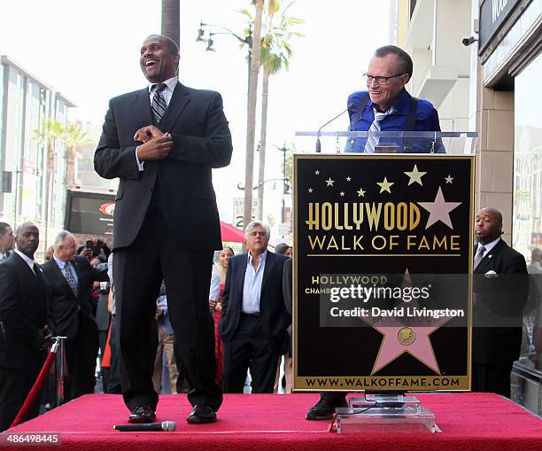 Hosts Tavis Smiley and Larry King attend Tavis Smiley being honored with a Star on the Hollywood Walk of Fame on April 24, 2014 in Hollywood,...