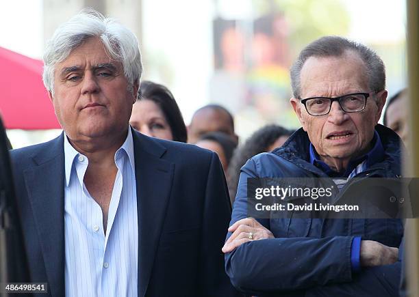 Hosts Jay Leno and Larry King attend Tavis Smiley being honored with a Star on the Hollywood Walk of Fame on April 24, 2014 in Hollywood, California.
