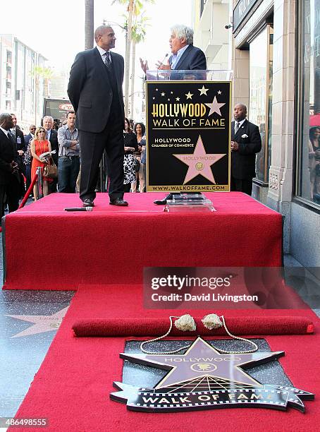 Hosts Tavis Smiley and Jay Leno attend Tavis Smiley being honored with a Star on the Hollywood Walk of Fame on April 24, 2014 in Hollywood,...