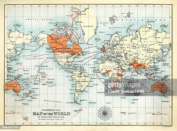 stockillustraties, clipart, cartoons en iconen met antique commercial map of the world - british empire