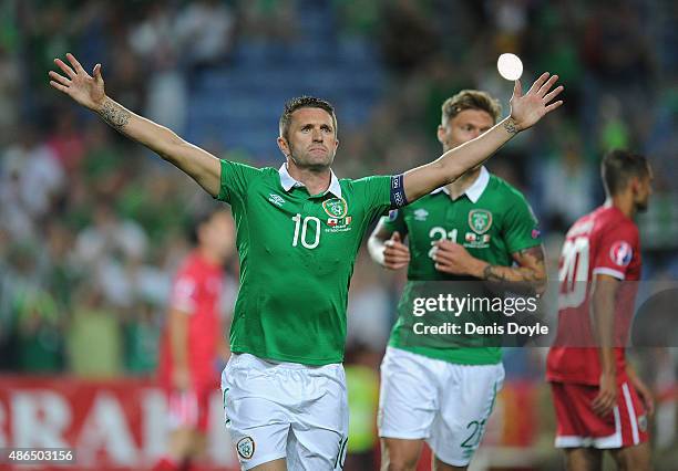 Robbie Keane of Republic of Ireland celebrates after scoring Ireland's 3rd goal during the UEFA EURO 2016 Qualifier between Gibraltar and Republic of...