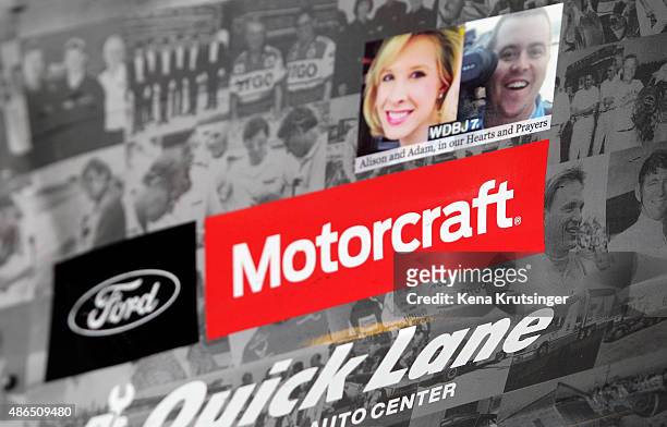 Decal in memory of killed journalists Alison Parker and Adam Ward is seen on the car of Ryan Blaney, driver of the Snap-On Tools Ford, during...