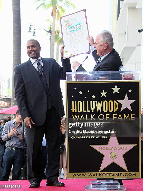 Host Tavis Smiley and Los Angeles City Council member Tom LaBonge attend Tavis Smiley being honored with a Star on the Hollywood Walk of Fame on...
