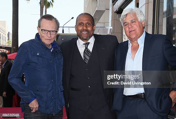 Hosts Larry King, Tavis Smiley and Jay Leno attend Tavis Smiley being honored with a Star on the Hollywood Walk of Fame on April 24, 2014 in...