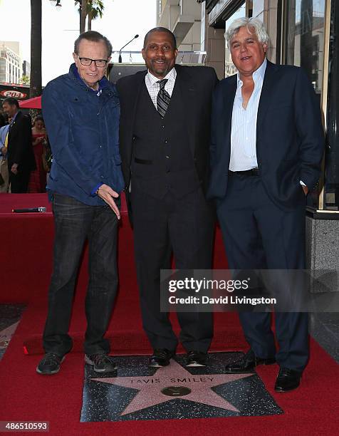 Hosts Larry King, Tavis Smiley and Jay Leno attend Tavis Smiley being honored with a Star on the Hollywood Walk of Fame on April 24, 2014 in...
