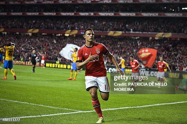 Benfica's Brazilian forward Rodrigo Lima celebrates after scoring a goal against Juventus during the UEFA Europa League semifinal first leg football...