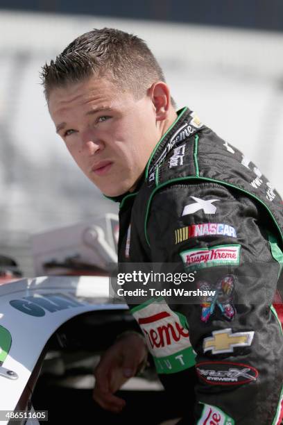 Gray Gaulding, driver of the Krispy Kreme Chevrolet, prepares to drive during practice for the NASCAR K&N Pro Series East Blue Ox 100 at Richmond...