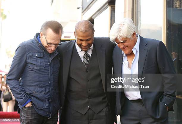 Larry King, Tavis Smiley and Jay Leno attend the ceremony honoring Tavis Smiley with a Star on The Hollywood Walk of Fame on April 24, 2014 in...