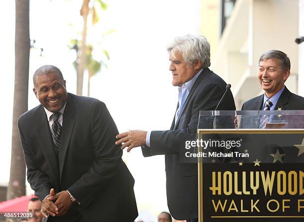 Tavis Smiley, Jay Leno and Leron Gubler attend the ceremony honoring Tavis Smiley with a Star on The Hollywood Walk of Fame on April 24, 2014 in...
