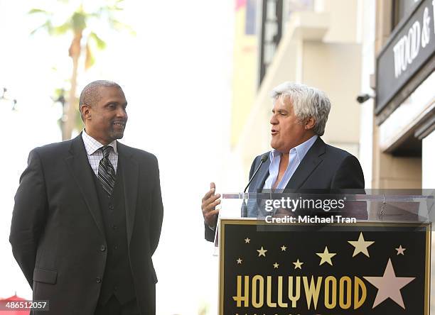 Tavis Smiley and Jay Leno attend the ceremony honoring Tavis Smiley with a Star on The Hollywood Walk of Fame on April 24, 2014 in Hollywood,...