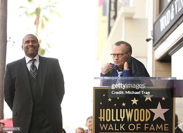 Tavis Smiley and Larry King attend the ceremony honoring Tavis Smiley with a Star on The Hollywood Walk of Fame on April 24, 2014 in Hollywood,...