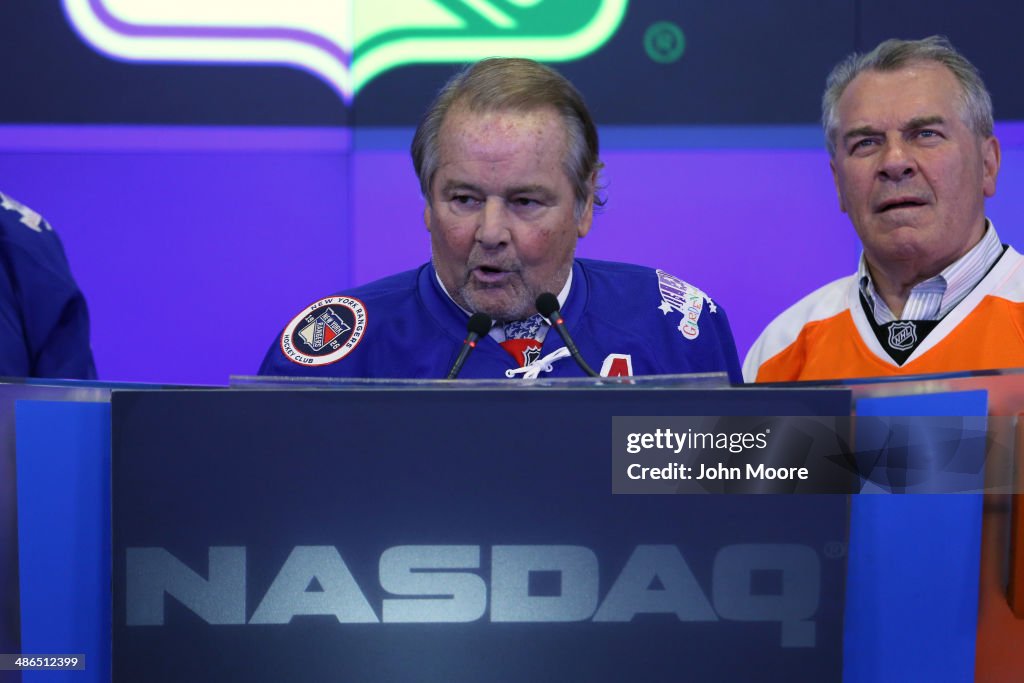 Philadelphia Flyers and New York Rangers Ring Closing Bell Of Nasdaq Exchange