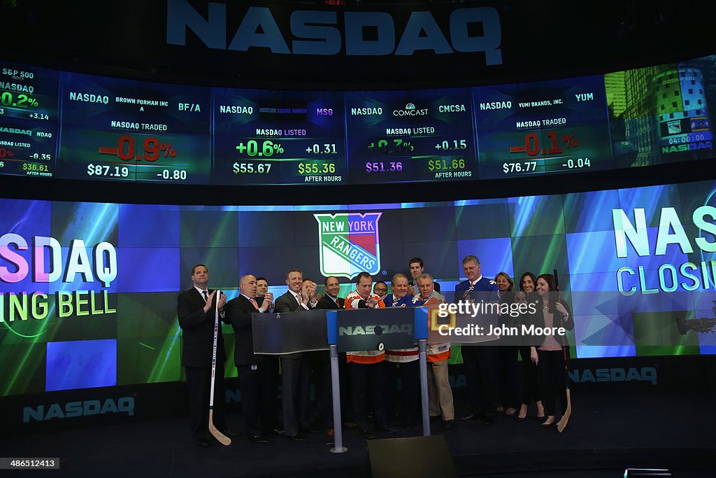 Philadelphia Flyers and New York Rangers Ring Closing Bell Of Nasdaq Exchange