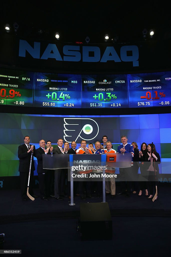 Philadelphia Flyers and New York Rangers Ring Closing Bell Of Nasdaq Exchange