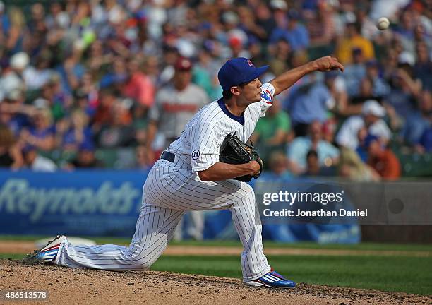 Tsuyoshi Wada of the Chicago Cubs pitches in the 8th inning against the Arizona Diamondbacks at Wrigley Field on September 4, 2015 in Chicago,...