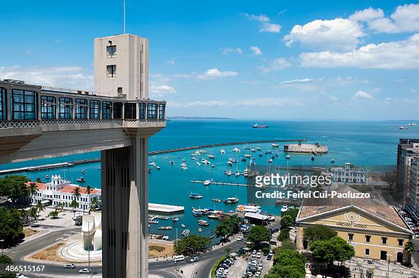 view on the lacerda elevator and bay of salvador, bahia state, brazil. - lacerda elevator stock pictures, royalty-free photos & images
