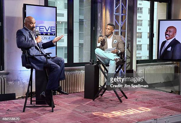 Personality/comedian Steve Harvey and TV personality Kevin Thompson attend the AOL BUILD Speaker Series: Steve Harvey at AOL Studios In New York on...