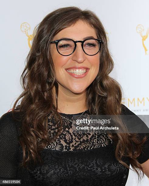 Actress Mayim Bialik attends the Television Academy's cocktail reception to celebrate the 67th Emmy Awards at The Montage Beverly Hills on August 24,...
