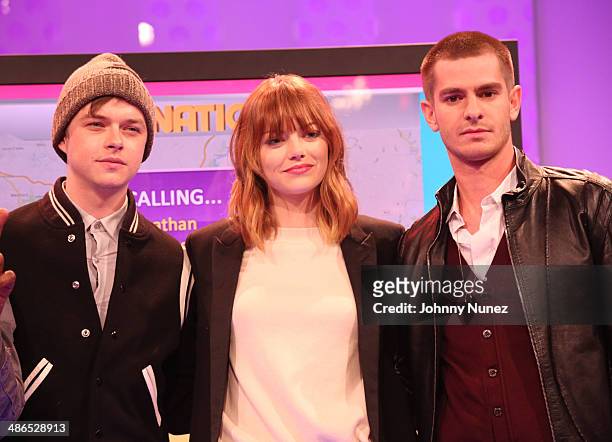 Dane DeHaan, Emma Stone and Andrew Garfield visit BET's "106 & Park" at BET Studios on April 24, 2014 in New York City.