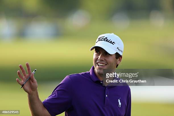 Ben Martin reacts after making a birdie putt on the 17th during Round One of the Zurich Classic of New Orleans at TPC Louisiana on April 24, 2014 in...