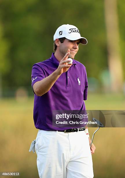 Ben Martin reacts after making his putt on the 18th during Round One of the Zurich Classic of New Orleans at TPC Louisiana on April 24, 2014 in...