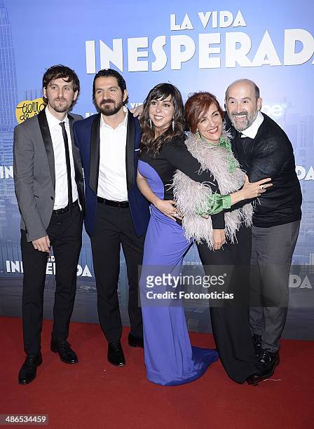 Raul Arevalo, Jorge Torregrosa, Carmen Ruiz, Elvira Lindo and Javier Camara attend the 'La Vida Inesperada' premiere at Callao cinema on April 24,...