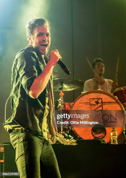 Andy Brown and Adam Pitts of Lawson perform on stage during the music event OMG Live at LG Arena on April 24, 2014 in Birmingham, United Kingdom.