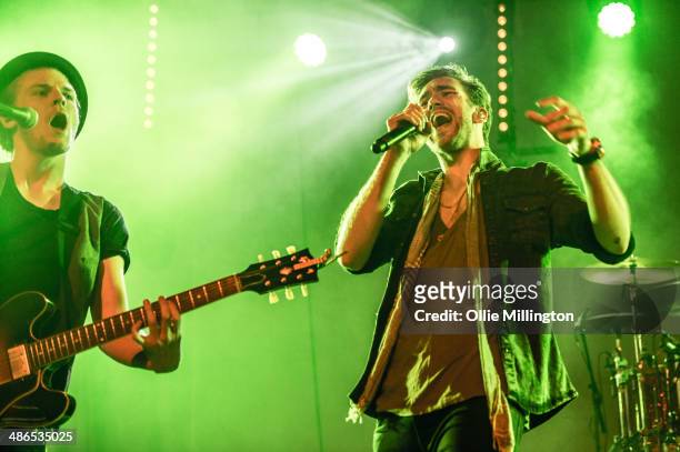 Joel Peat and Andy Brown of Lawson perform on stage during the music event OMG Live at LG Arena on April 24, 2014 in Birmingham, United Kingdom.