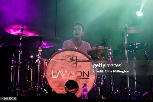 Adam Pitts of Lawson performs on stage during the music event OMG Live at LG Arena on April 24, 2014 in Birmingham, United Kingdom.