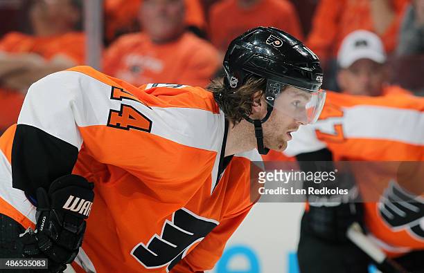Sean Couturier of the Philadelphia Flyers looks on against the New York Rangers in Game Three of the First Round of the 2014 Stanley Cup Playoffs at...