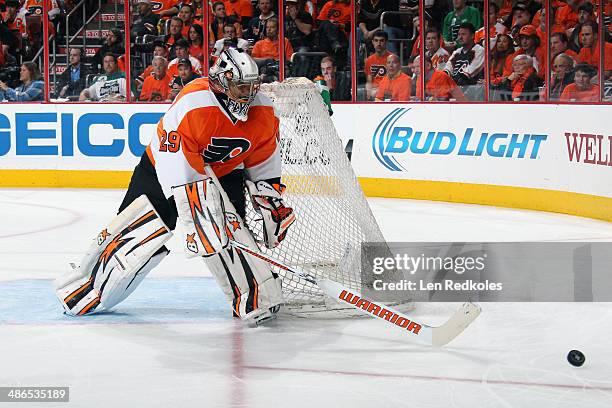 Ray Emery of the Philadelphia Flyers handles the puck against the New York Rangers in Game Three of the First Round of the 2014 Stanley Cup Playoffs...