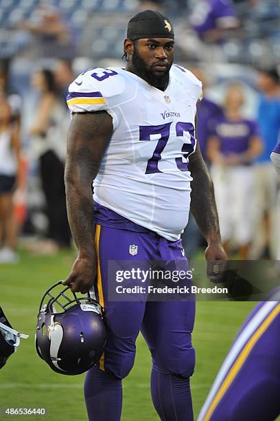 Sharrif Floyd of the Minnesota Vikings warms up prior to a pre-season game against the Tennessee Titans at Nissan Stadium on September 3, 2015 in...