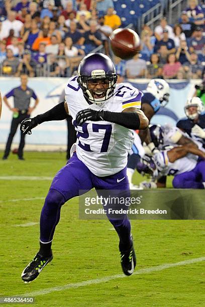 Shaun Prater of the Minnesota Vikings chases a ball during a pre-season game against the Tennessee Titans at Nissan Stadium on September 3, 2015 in...
